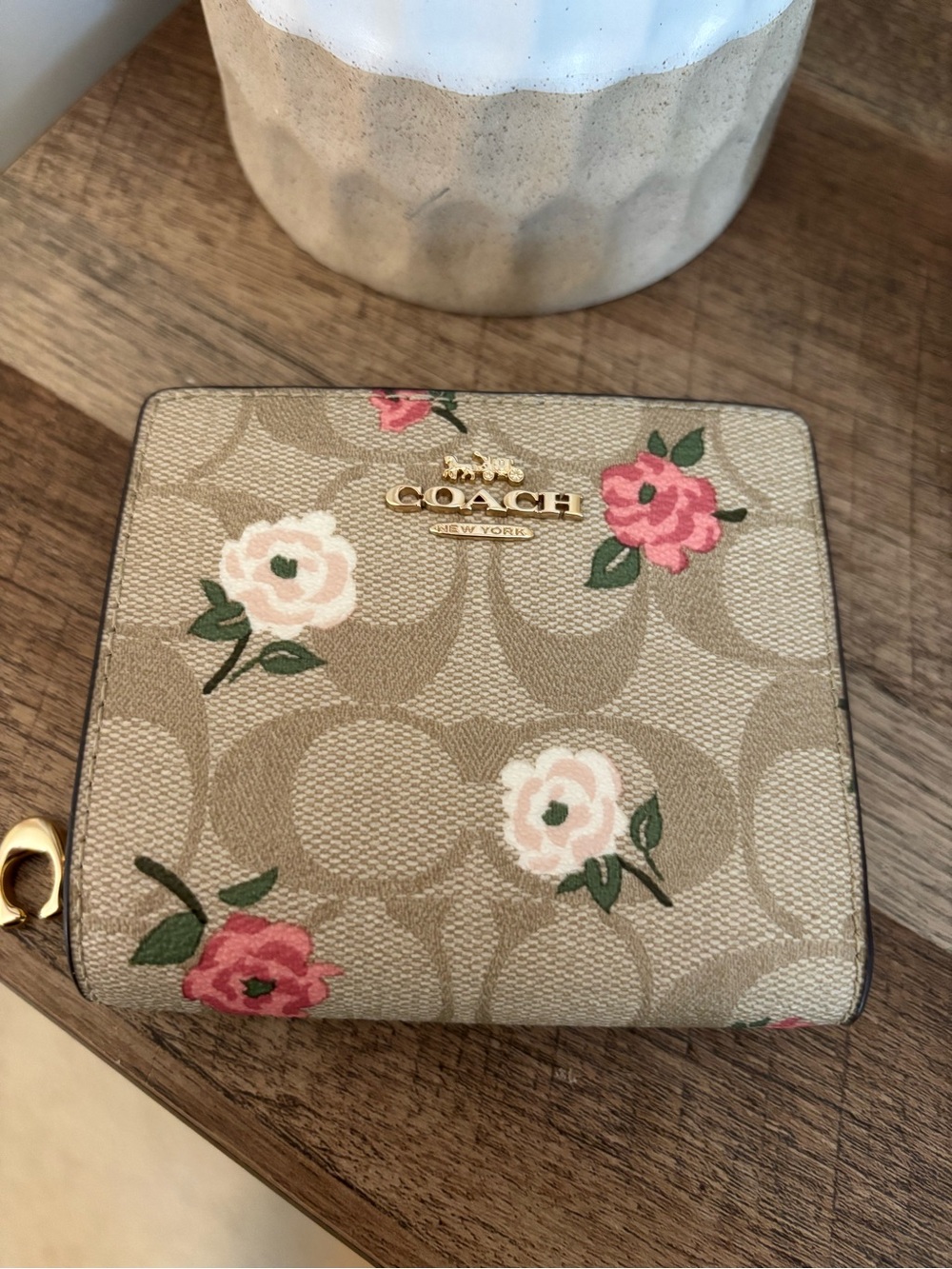 RARE - Coach Floral Signature Small Snap Wallet in Khaki with Pink Flowers
